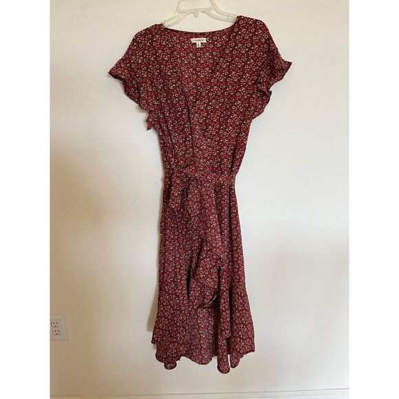 Max Studio Women's Ruffle Crepe Burgundy/Floral Wrap Dress- Large - Picture 1 of 7